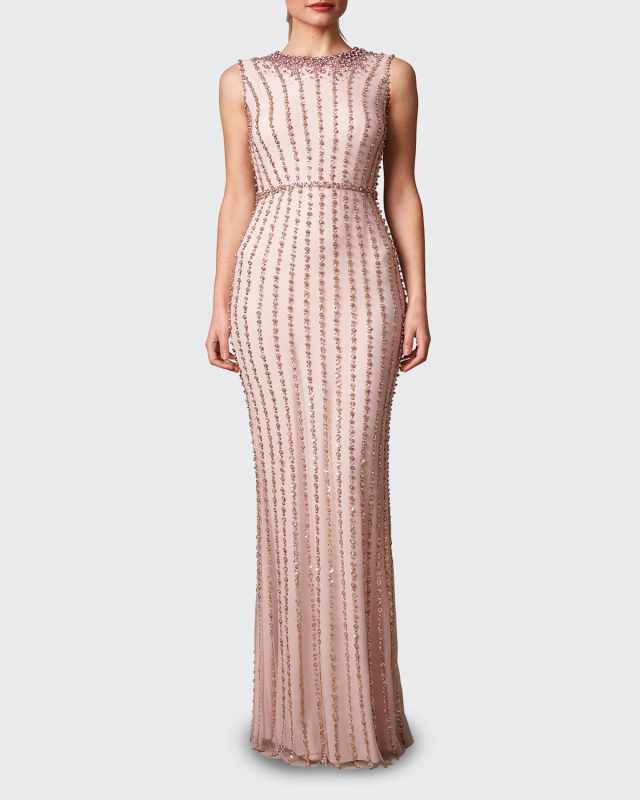 Stripe-Beaded Sleeveless Gown